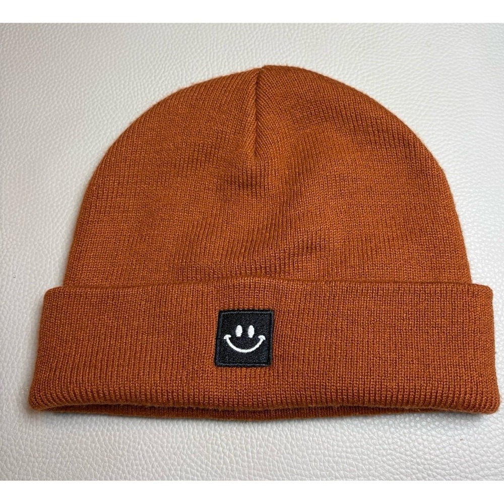 Adult Burnt Rust Orange Beanie with Smiley Face Logo EUC